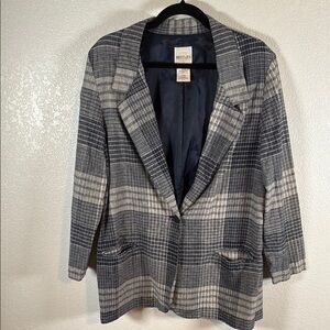 Vintage Bentley Blue & White Mixed Print Plaid Linen Blend Blazer Size Large